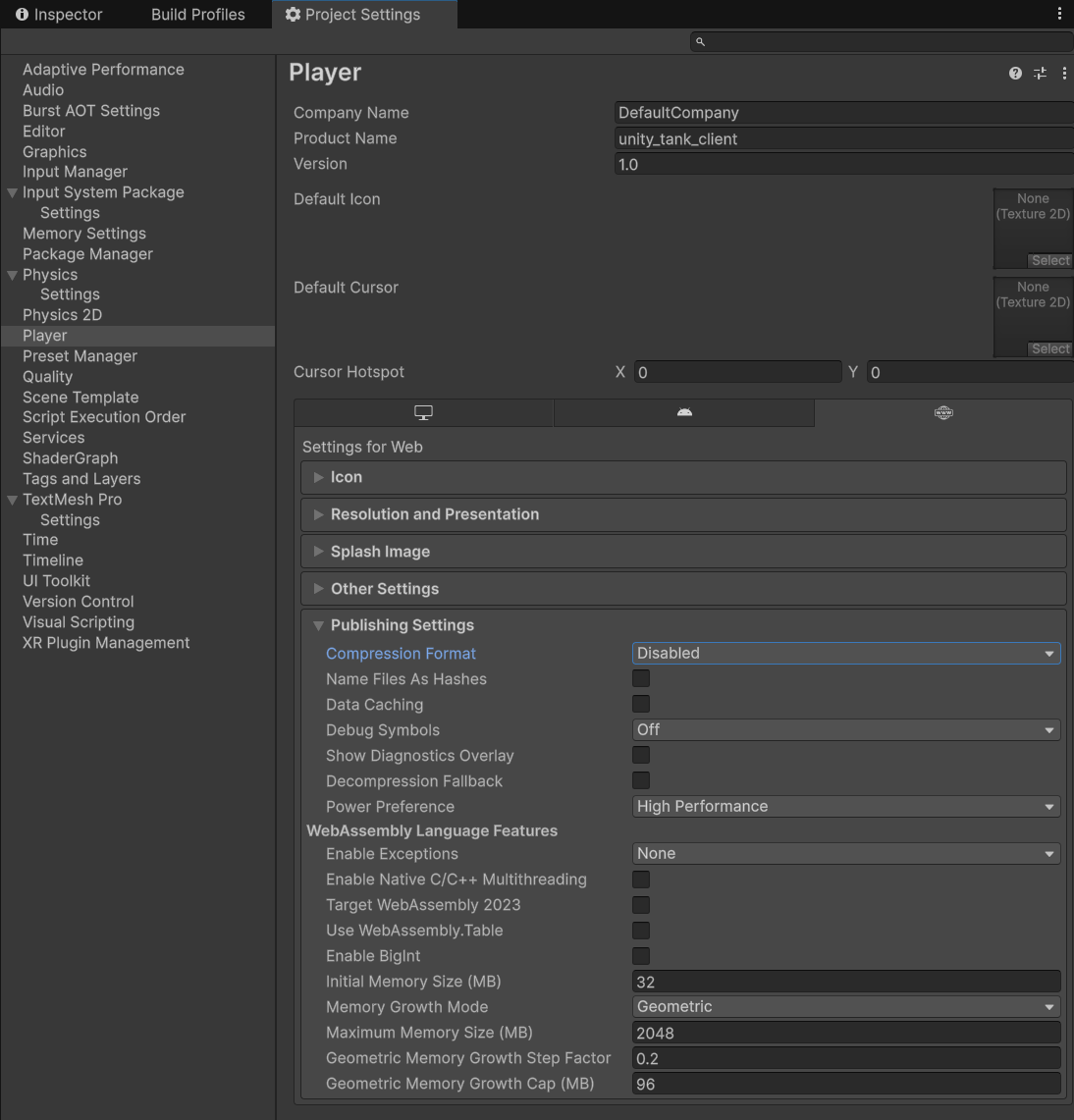 WebGL Publishing Settings