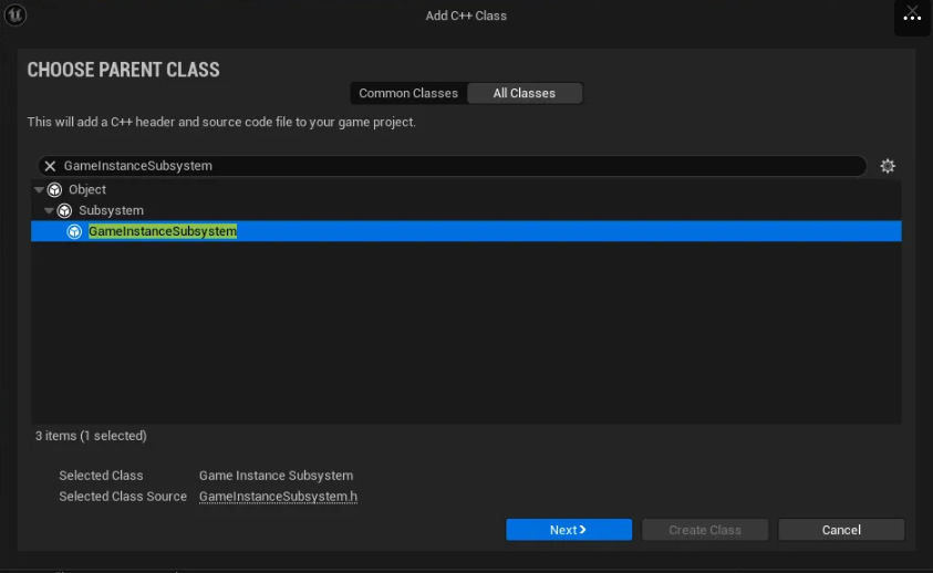 GameInstanceSubsystem Selection